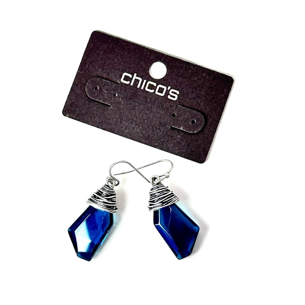 CHICO’s Wire-wrapped Azure Blue Gemstone Hook Earrings NWT - Picture 2 of 8